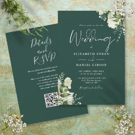 Invitación Boda de código QR floral de Emerald Greenery