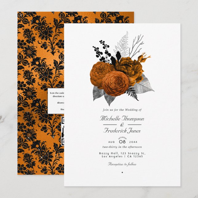 Invitación Boda de código QR floral de Halloween negro y Nara (Anverso / Reverso)