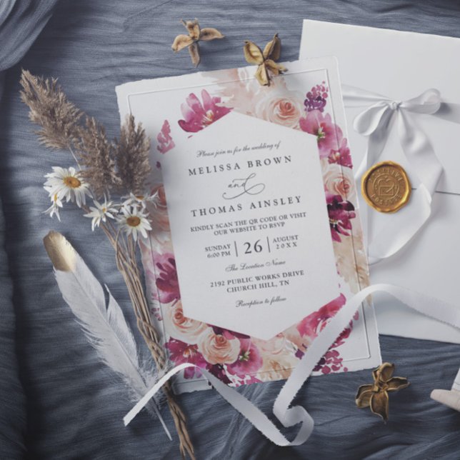 Invitación Boda de código QR floral de hierba de pampas rosa  (Subido por el creador)