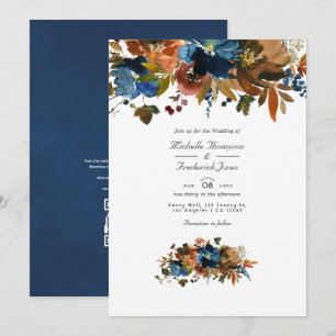 Invitación Boda de código QR floral de jengibre y azul marino