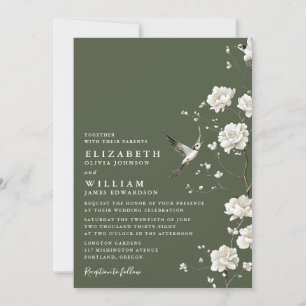 Invitación Boda de código QR floral de la Chinoiserie verde o