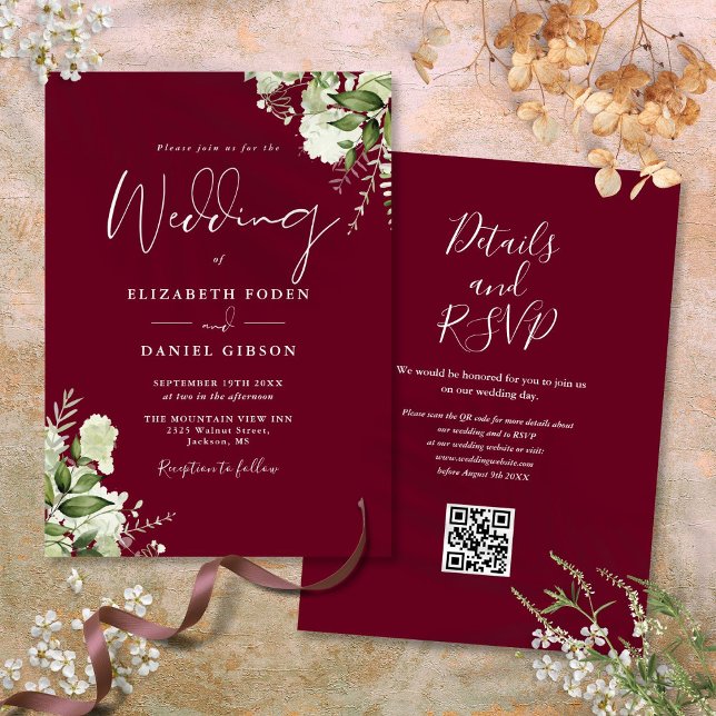Invitación Boda de código QR floral de la floración de la veg (Burgundy Greenery Floral QR Code Wedding Invitation)