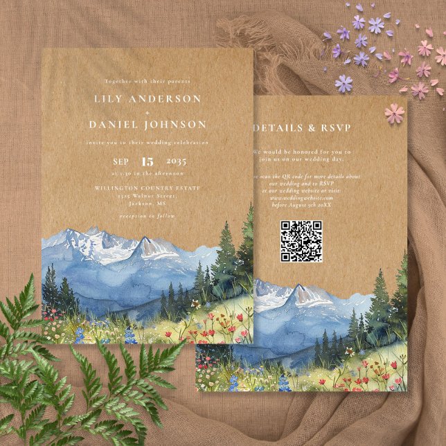 Invitación Boda de código QR floral de la montaña de acuarela (Rustic Watercolor Mountain Floral QR Code Wedding Invitation)