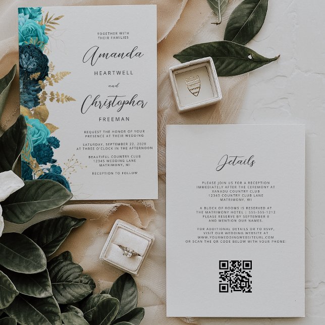Invitación Boda de código QR floral de oro de Aqua verde azul (Subido por el creador)