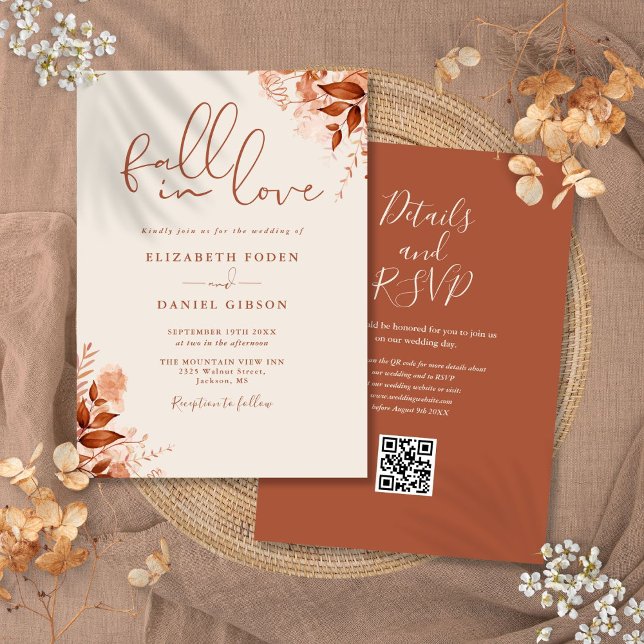 Invitación Boda de código QR floral de otoño rústico (Rustic Autumn Fall Floral QR Code Wedding Invitation)