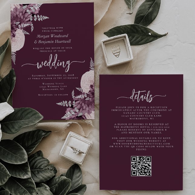 Invitación Boda de código QR floral de plata malva (Subido por el creador)