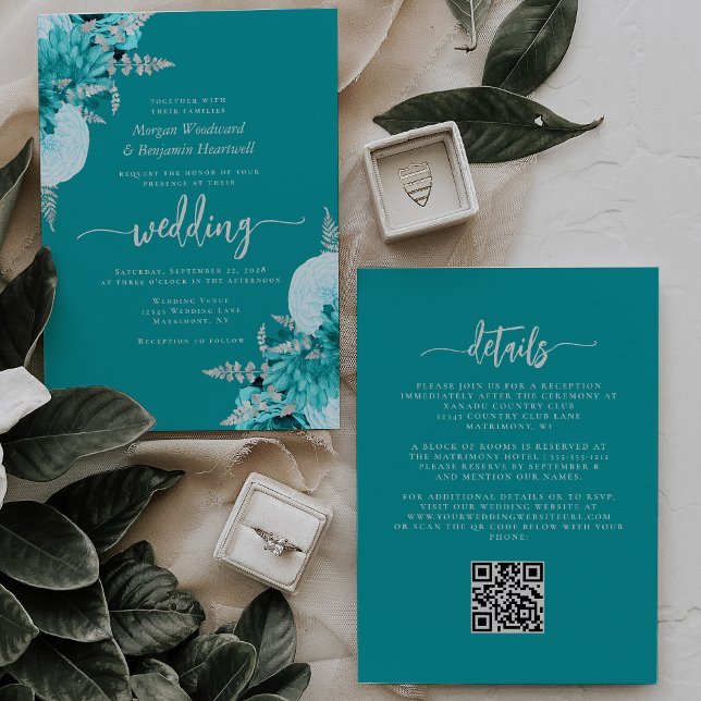 Invitación Boda de código QR floral de plata turquesa (Subido por el creador)