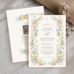 Invitación Boda de código QR floral de primavera para pastel 