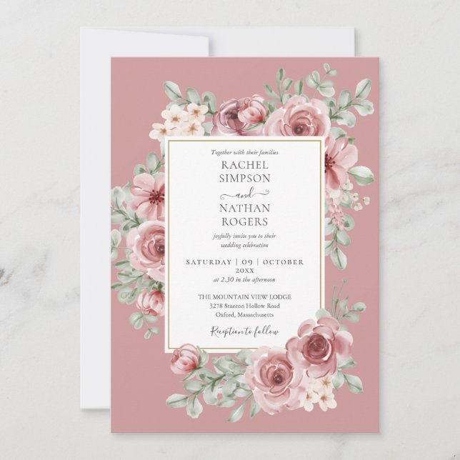 Invitación Boda de código QR floral de Rosa polvoriento (Anverso)