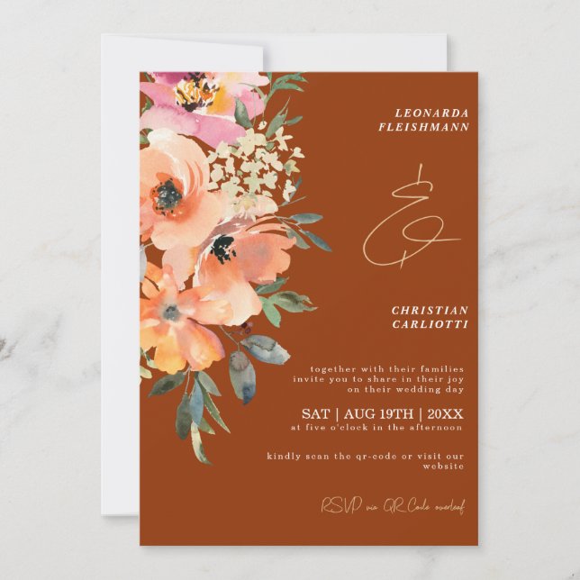 Invitación Boda de código QR floral de terracota oxidada (Anverso)