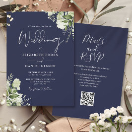 Invitación Boda de código QR floral de vegetación azul marino