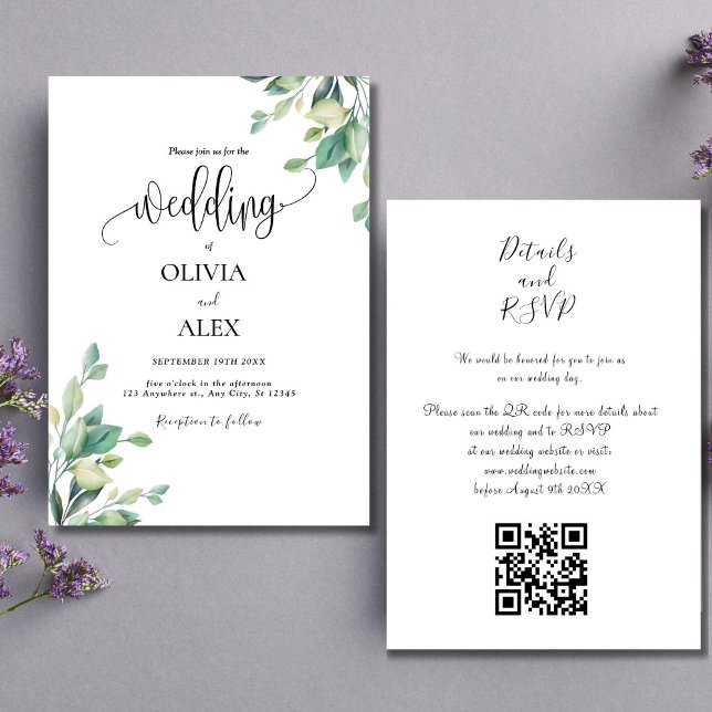 Invitación Boda de código QR floral de vegetación negra y bla (Subido por el creador)