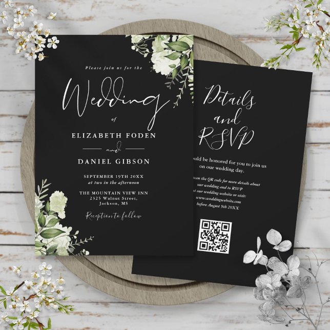 Invitación Boda de código QR floral de vegetación negra y bla (Black And White Greenery Floral QR Code Wedding Invitation)