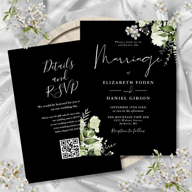Invitación Boda de código QR floral de vegetación negra y bla (Black And White Greenery Floral QR Code Wedding Invitation)