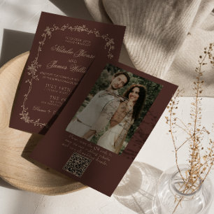 Invitación Boda de código QR floral espresso dinero antiguo f