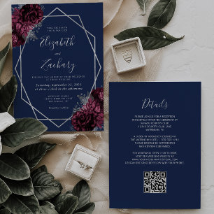 Invitación Boda de código QR floral floral de borgoña azul de