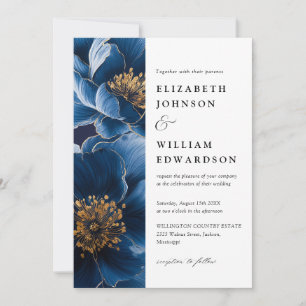 Invitación Boda de código QR floral floral elegante azul mari