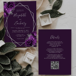 Invitación Boda de código QR floral geométrico de plata morad