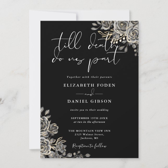 Invitación Boda de código QR floral gótica blanco y negro (Anverso)