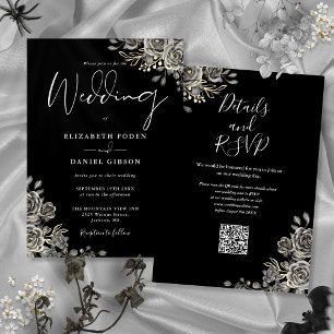 Invitación Boda de código QR floral gótica blanco y negro