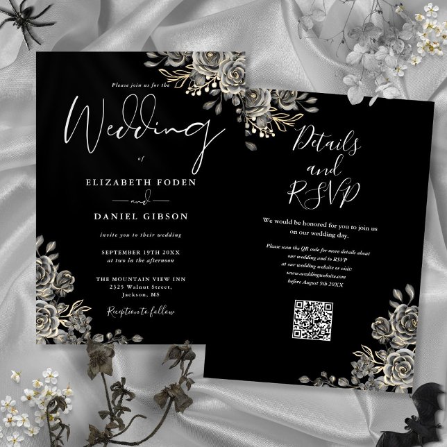 Invitación Boda de código QR floral gótica blanco y negro (Black And White Gothic Floral QR Code Wedding Invitation)