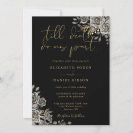 Invitación Boda de código QR floral gótica de color negro y o
