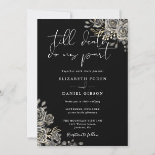 Invitación Boda de código QR floral gótico en blanco y negro