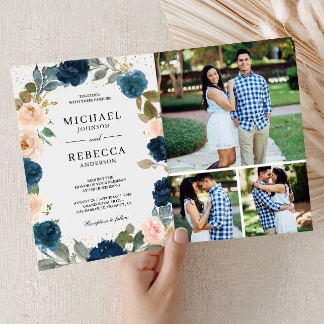 Invitación Boda de código QR floral melocotón azul marino tod (Subido por el creador)