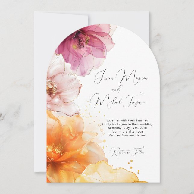 Invitación Boda de código QR floral Naranja rosa acuarela (Anverso)