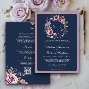 Invitación Boda de código QR floral púrpura polvoriento rústi