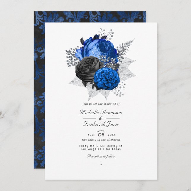 Invitación Boda de código QR floral real azul, negro y platea (Anverso / Reverso)