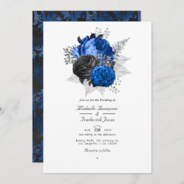 Invitación Boda de código QR floral real azul, negro y platea