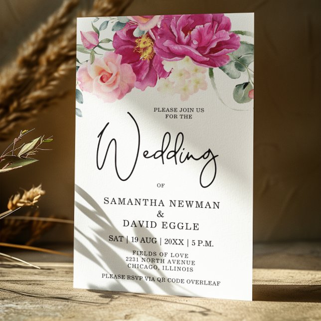 Invitación Boda de código QR floral rosa de Fuchsia moderna (Subido por el creador)