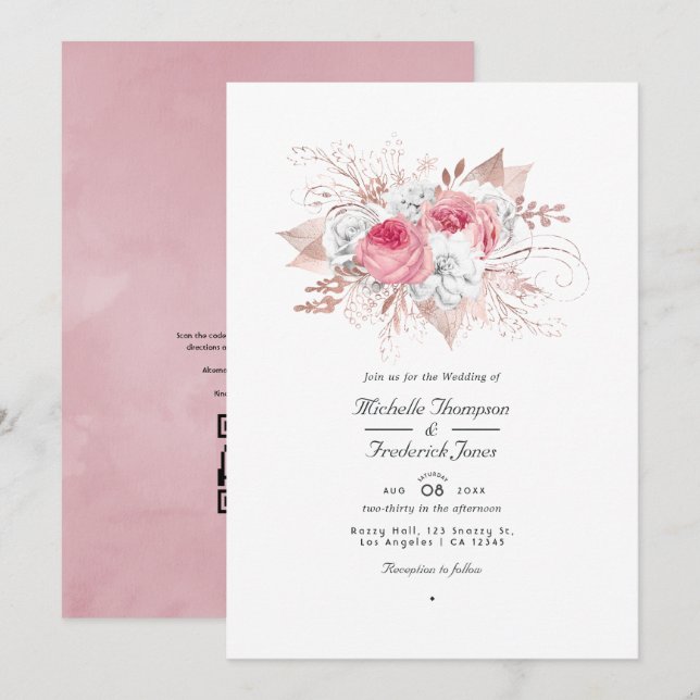 Invitación Boda de código QR floral rosa dorado y rosa rubor (Anverso / Reverso)