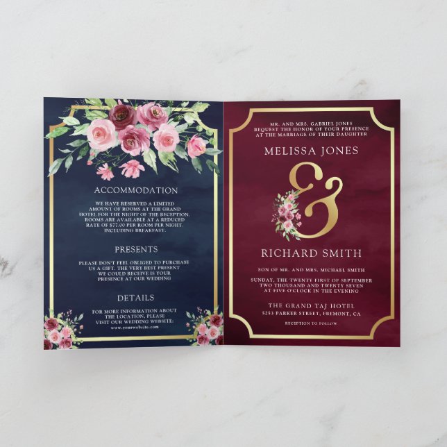 Invitación Boda de código QR floral rosa Marsala y naval Ampe (Interior)
