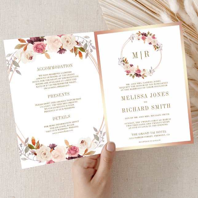 Invitación Boda de código QR floral rosa polvoriento oro rosa (Subido por el creador)