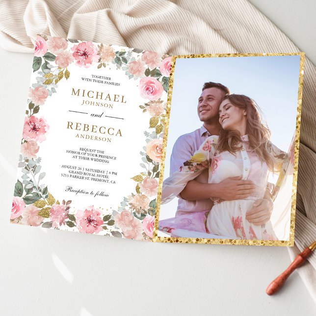 Invitación Boda de código QR floral rosa rústico y dorado (Subido por el creador)