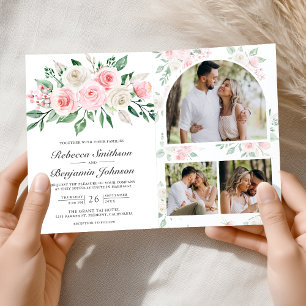 Invitación Boda de código QR floral rosa sonrojado todo en un