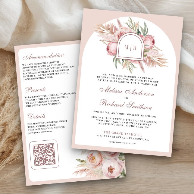 Invitación Boda de código QR floral rosa suave polvoriento Pa (Subido por el creador)
