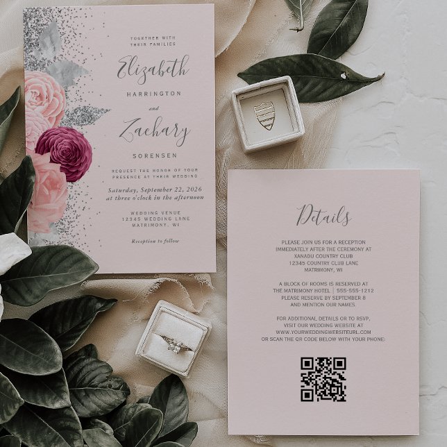 Invitación Boda de código QR floral Rubor rosado plateado bor (Subido por el creador)