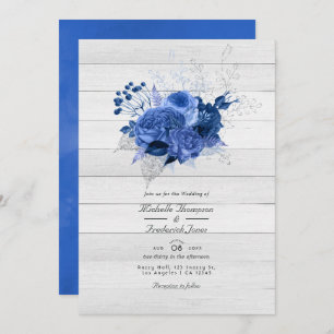 Invitación Boda de código QR floral Rustic Blue & Silver Flor