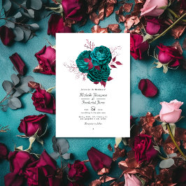 Invitación Boda de código QR floral turquesa y borgoña