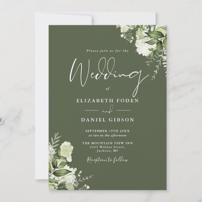 Invitación Boda de código QR floral verde oliva rústico (Anverso)