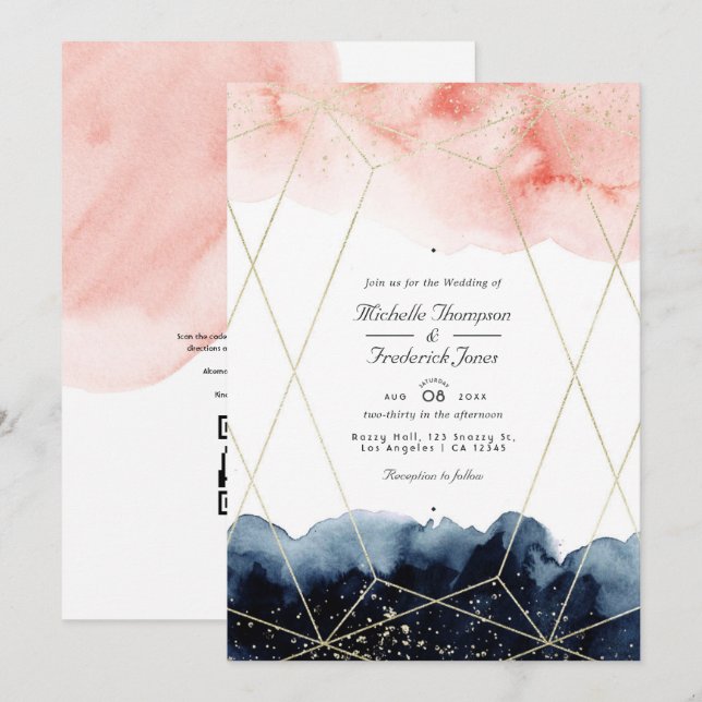 Invitación Boda de código QR geométrico de acuarela de Marina (Anverso / Reverso)