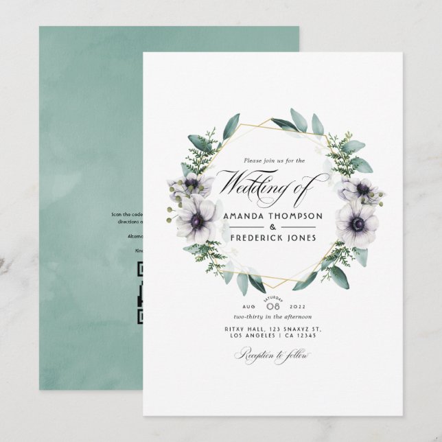 Invitación Boda de código QR geométrico de anemona de eucalip (Anverso / Reverso)