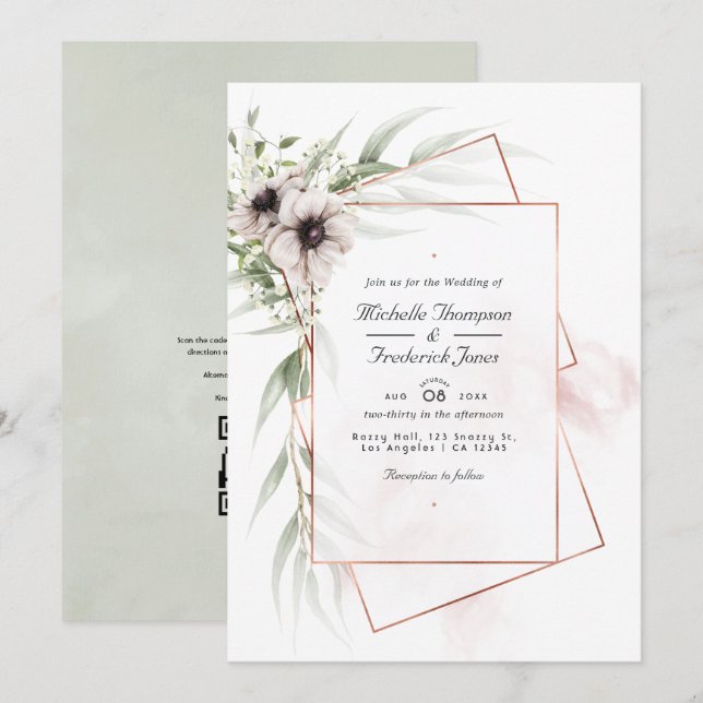 Invitación Boda de código QR geométrico de anemona de eucalip (Anverso / Reverso)