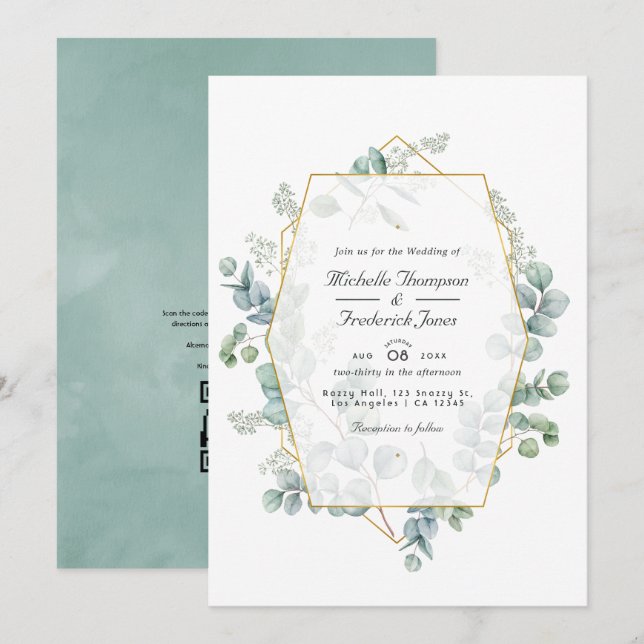 Invitación Boda de código QR geométrico de eucalipto acuarela (Anverso / Reverso)