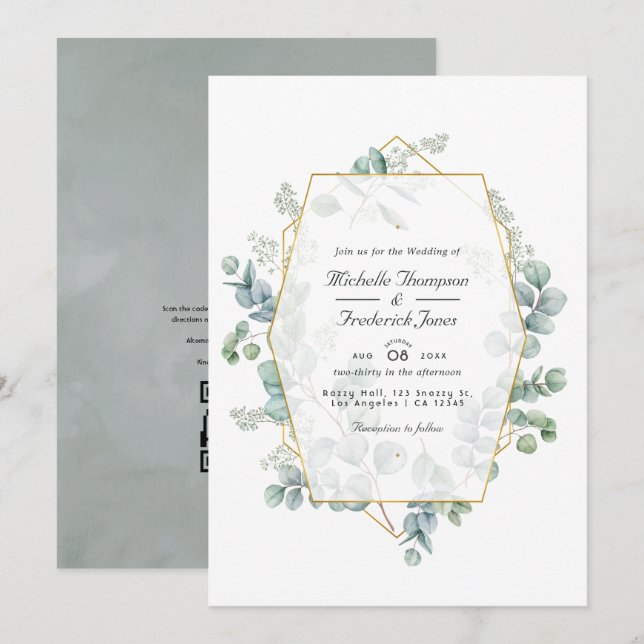 Invitación Boda de código QR geométrico de eucalipto Sage Pla (Anverso / Reverso)