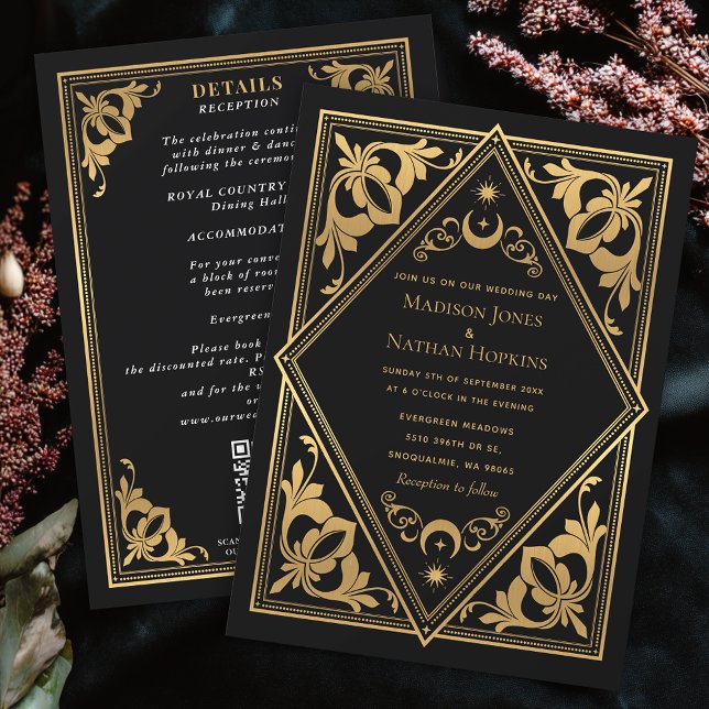 Invitación Boda de código QR gótico de Gold Art Nouveau Tarot (Subido por el creador)