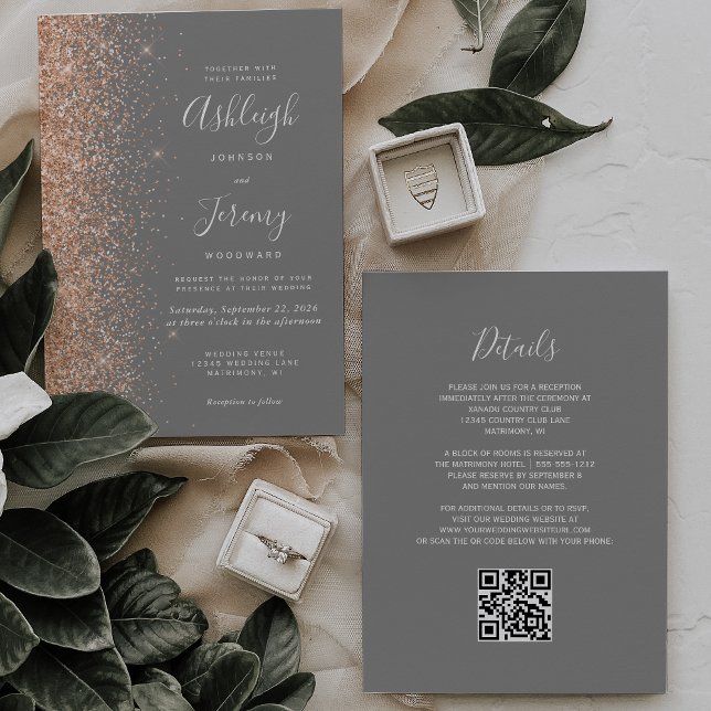 Invitación Boda de código QR Gris de Purpurina Peach moderno (Subido por el creador)